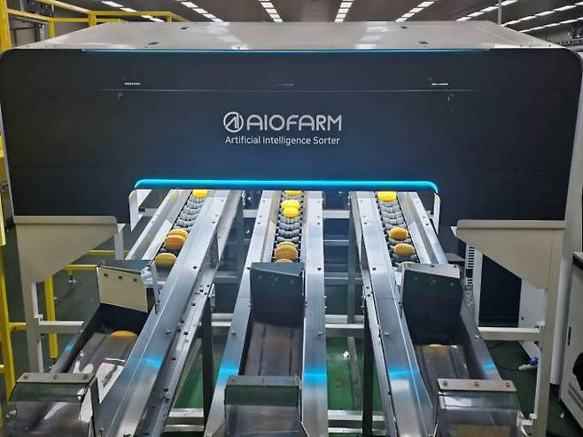 성주 월항농협 농산물산지유통센터(APC)에 설치된 AI 선별기 가동 모습. 롯데마트