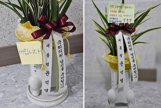 조국혁신당 의원들이 윤석열 대통령의 당선 축하 난을 거부하는 '릴레이 인증'에 나섰다. 왼쪽은 김준형 조국혁신당 의원이 올린 사진. 오른쪽은 정춘생 조국혁신당 원내수석부대표가 올린 사진 〈사진=페이스북 캡처〉