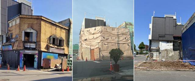 A(52)씨가 2020년 매입한 일본식 가옥(목조 건축물·왼쪽). 건물 원형을 살려 카페로 개조하려고 했으나, 방화지구 내 건축물은 수리 시 콘크리트·석조 등을 사용해야 한다는 사실을 뒤늦게 알고 새 건물을 짓기로 결정한 뒤 기존 목조 건물은 완전히 철거했다(오른쪽 사진). 김혜지 기자