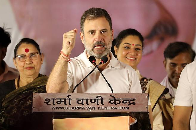 야권 연합 ‘인도국민개발포괄동맹(I.N.D.I.A.·Indian National Developmental Inclusive Alliance)’을 이끄는 라훌 간디 인도국민회의(IRC) 전 총재의 모습. [EPA]