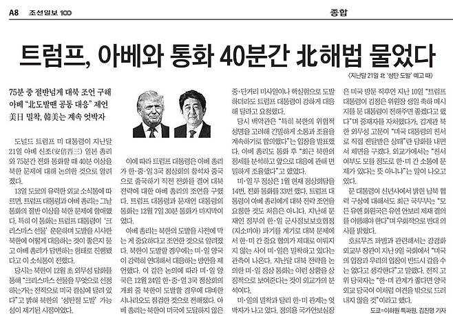 트럼프와 아베가 1시간 15분간 통화하면서 북한 문제에 대해 40분간 논의한 사실을 단독 보도한 조선일보 2020년 1월 14일자 지면.