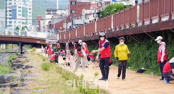 BNK경남은행 임직원들과 가족 80여명이 토닥길과 주변에 떨어진 돌과 쓰레기 등 수거하며 환경 정비하고 있다. (사진=BNK경남은행)