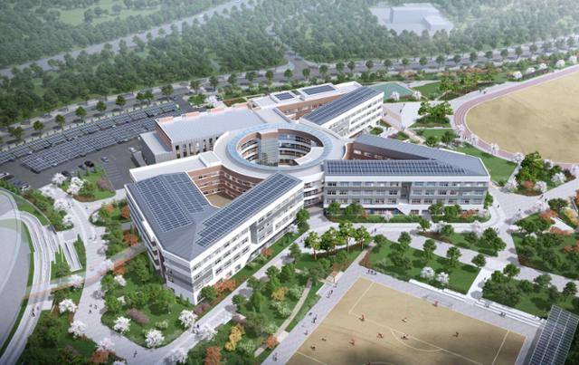 내년 3월 세종시 산울동에서 문을 여는 캠퍼스고등학교 조감도. 원형 건물을 중심으로 창제동, 정음동, 훈민동으로 건축되고 그 옆에는 400m 트랙을 갖춘 대운동이 설치된다. 세종시교육청 제공