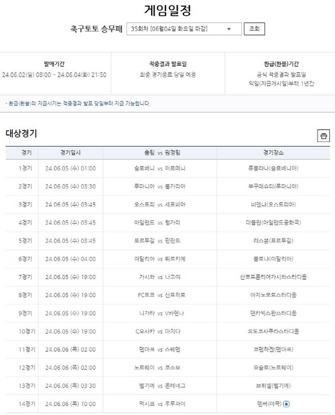 축구토토 승무패 35회차 대상경기