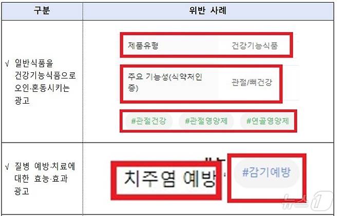 주요 위반 사례(식품의약품안전처 제공)