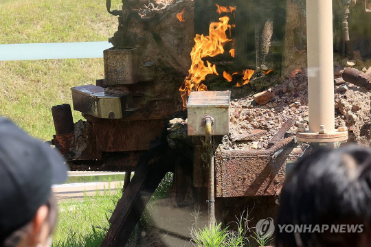 3일 경북 포항시 남구 대잠동 철길숲 '불의 정원'에서 천연가스 불꽃이 타오르고 있다. 이날 정부는 포항 영일만 앞바다에 막대한 양의 석유·가스가 매장돼 있을 가능성이 높다는 물리탐사 결과를 발표했다. 연합뉴스