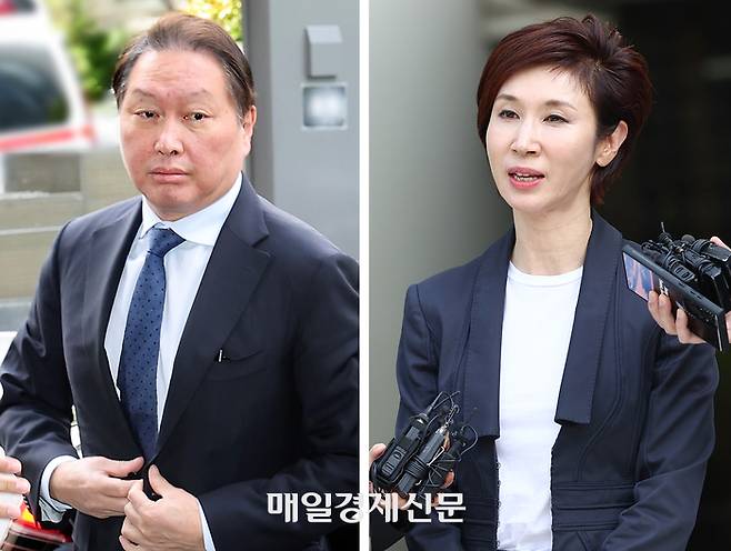 사진은 지난달 16일 오후 서울 서초구 서울고등법원에서 열린 이혼 소송 항소심 공판에 나란히 출석하는 최 회장과 노 관장. 2024.5.30  [사진출쳐=매경DB. 연합뉴스]