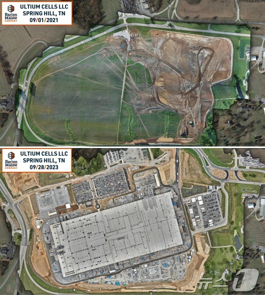 얼티엄셀즈 제2공장 건설 전후 위성사진. 사진은 LG엔솔 제공.