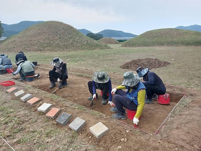 지난달 30일 금척리 고분군 조사현장. 인부들이 무덤 사이 땅의 표면층 일부를 걷어내는 작업을 하고 있다. 노형석 기자