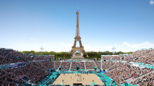 프랑스 파리 에펠탑 앞 샹드마르스 광장에 설치되는 비치발리볼 경기장 조감도. 2024 파리올림픽 조직위원회 제공