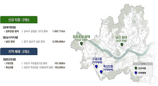 도시재생전략계획 변경사항. 김포공항 일대, 남산 일대가 신규 지정되고 구로2동, 독산2동이 해제됐다.(서울시 제공)