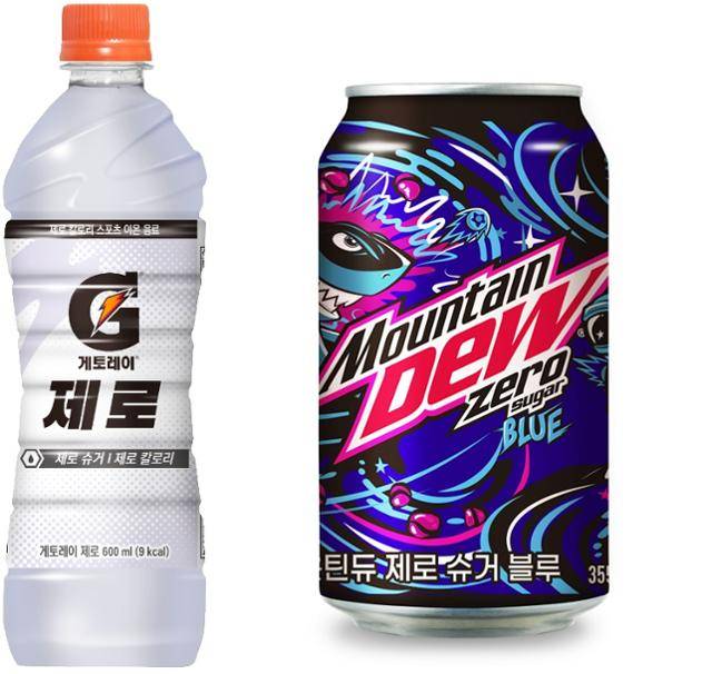롯데칠성음료가 올 초 선보인 '게토레이 제로'(왼쪽)와 '마운틴듀 제로'. 롯데칠성음료 제공