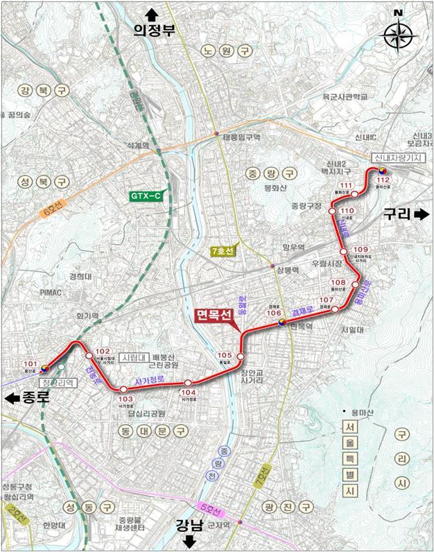 서울 동대문구 청량리와 중랑구 신내동을 연결하는 경전철 '면목선' 노선(안). 서울시 제공