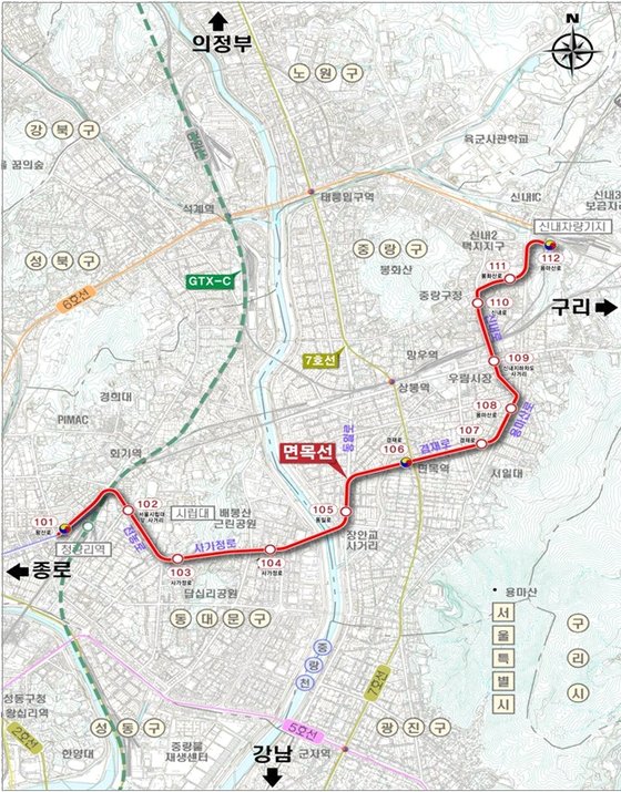 제2차 서울시 도시철도망 구축계획 면목선 노선도. [사진 서울시]