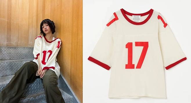 메쉬 풋볼티를 착용한 뉴진스 하니.[사진=뉴진스 공식 인스타그램, 인스크리어 공식 홈페이지]