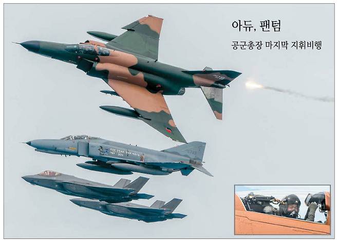 5일 경기 수원 공군 제10전투비행단에서 열린 'F-4 팬텀 미디어데이' 행사에서 F-4E 팬텀 2기(위)가 F-35A 2기(아래)와 함께 편대비행을 하고 있다. 1969년 이후 영공 방위 최일선에서 55년간 임무를 수행한 F-4E 팬텀의 퇴역식은 신원식 국방부 장관 주관으로 7일 수원 기지에서 열린다. 작은 사진은 이날 F-4E 팬텀기에 탑승해 지휘비행에 나선 이영수 공군참모총장이 조종석에서 손을 들어올리고 있는 모습.  공군