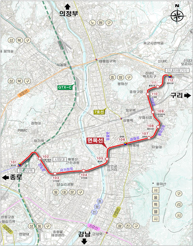 제2차 서울시 도시철도망 구축계획 중 면목선 노선도. 자료제공=서울시