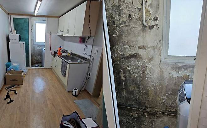 '육군훈련소 대신 전해드립니다'에 올라온 군 독신간부 숙소 모습. 단열처리가 미흡한 탓에 곰팡이가 가득 피어있다.  /페이스북