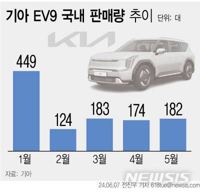 [서울=뉴시스] 해외 시장에서 인기를 끌고 있는 기아 EV9가 국내 시장에서는 고전하고 있다. (그래픽=전진우 기자) 618tue@newsis.com