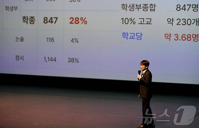 8일 오전 경기 화성시 동탄복합문화센터 반석아트홀에서 열린 '2024 화성시 진학설명회(2차 입시설명회)'에서 정성민 다원교육 입시연구소(DnA 입시 Lab) 소장이 2025학년도 입시 상황을 전망하고 있다.