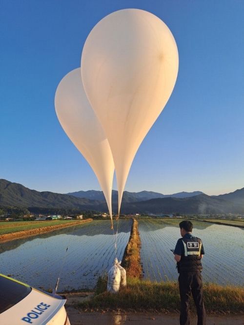 한 경찰관이 지난달 29일 경상남도 거창군 위천면의 농경지에서 북한이 날려 보낸 것으로 추정되는 오물 풍선을 살펴보고 있다. [매경DB 자료사진]