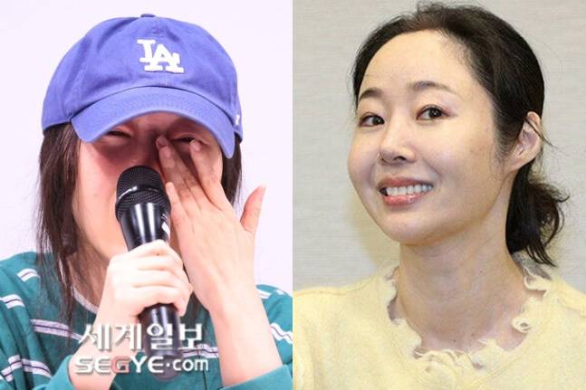 지난달 25일 열린 1차 기자회견에서 울먹이던 민희진 어도어 대표(왼쪽)과 여유를 찾은 모습으로 31일 2차 기자회견장에 등장한 그의 모습.&nbsp; &nbsp;뉴시스