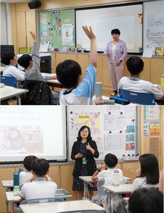 학생들과 만나고 있는 고영미(위), 함영연 작가(아래)