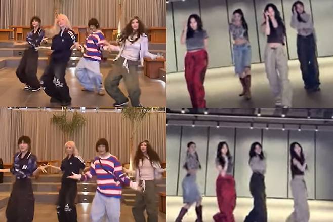 에스파와 뉴진스가 뉴진스의 '하우 스위트'(왼쪽), 에스파의 '아마겟돈' 챌린지를 함께 했다. 챌린지 영상 화면 캡처