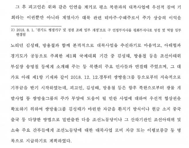 안부수 아태협 회장에 대한 1심 판결문(2022고합882). 판결문 3~4쪽에 '대북 송금' 사건에 대한 경위가 적혀 있다. 