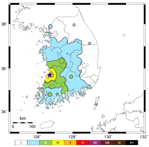 12일 전북 부안군에서 지진이 발생했다. 진앙지와 계기진도 현황. /기상청 제공