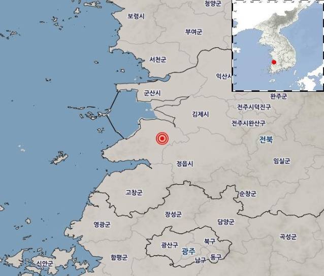 12일 오전 8시 26분 49초 전북 부안군 남남서쪽 4㎞ 지점에서 규모 4.8 지진이 발생했다고 기상청이 밝혔다. [연합]