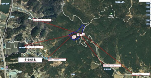 창녕군 대합면 등지리 산28번지 축사 조성 현장과 주변 각 마을 간 거리를 나타내는 위치도. /창녕환경운동연합