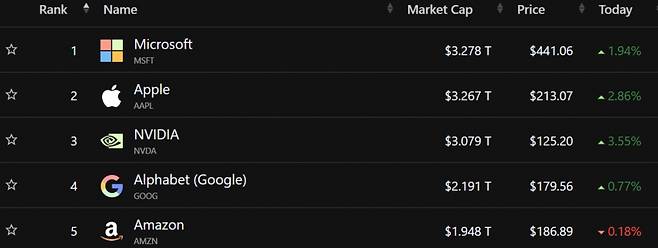 미국 증시 시총 순위/사진=컴퍼니스마켓캡