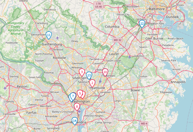 1998~2006년 워싱턴 인근 수도권(컬럼비아특별구·메릴랜드·버지니아) 연쇄강간 사건이 일어난 위치. 빨간색은 DNA 증거를 통해 동일인의 소행임이 입증된 범죄(6건), 파란색은 범인의 DNA가 확인되지 않았으나 수법과 범인 인상착의 등이 유사해 동일인으로 의심되는 범죄(3건) 또는 용의자 추정 인물 목격(5건) 지점. FBI 홈페이지 캡처