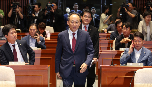 추경호 국민의힘 원내대표가 14일 국회에서 열린 의회정치 원상복구 의원총회에 참석하고 있다. 연합뉴스