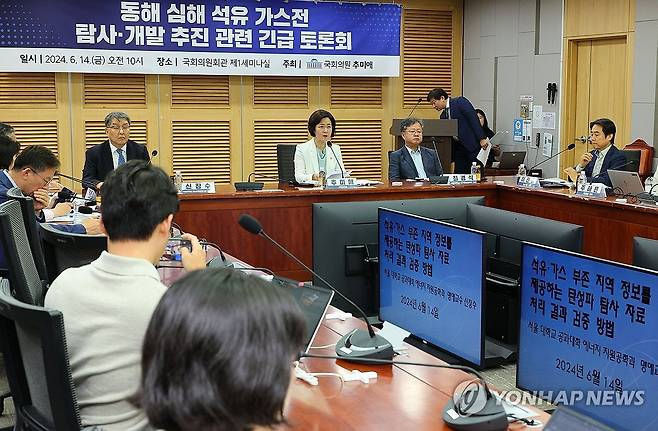 발언하는 추미애 의원 (서울=연합뉴스) 한종찬 기자 = 더불어민주당 추미애 의원이 14일 오전 국회 의원회관에서 열린 동해 심해 석유·가스전 탐사 개발 추진 관련 긴급 토론회에서 발언하고 있다. 2024.6.14 saba@yna.co.kr