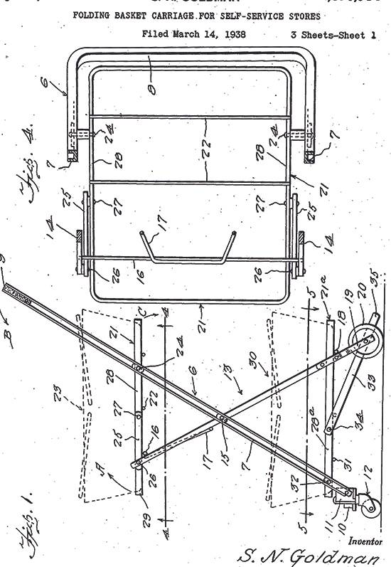 1940년 실반 골드만은 쇼핑 카트에 대한 특허를 승인받았다. 퍼블릭 도메인 제공