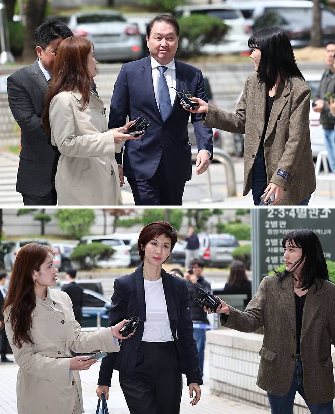 지난 4월16일 최태원 에스케이 회장(위쪽 사진)과 노소영 아트센터 나비 관장이 이혼소송 항소심 재판이 열린 서울 서초구 서울고법에 각각 출석하는 모습. 연합뉴스