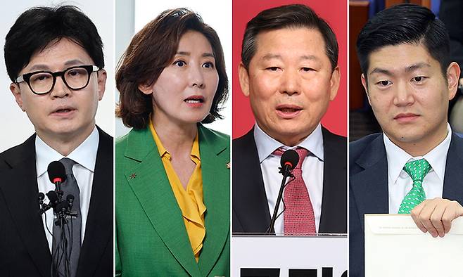 한동훈 전 국민의힘 비상대책위원장(왼쪽부터),&nbsp;나경원 의원,&nbsp;이철규 의원,&nbsp;김재섭 의원. 연합뉴스·뉴스1