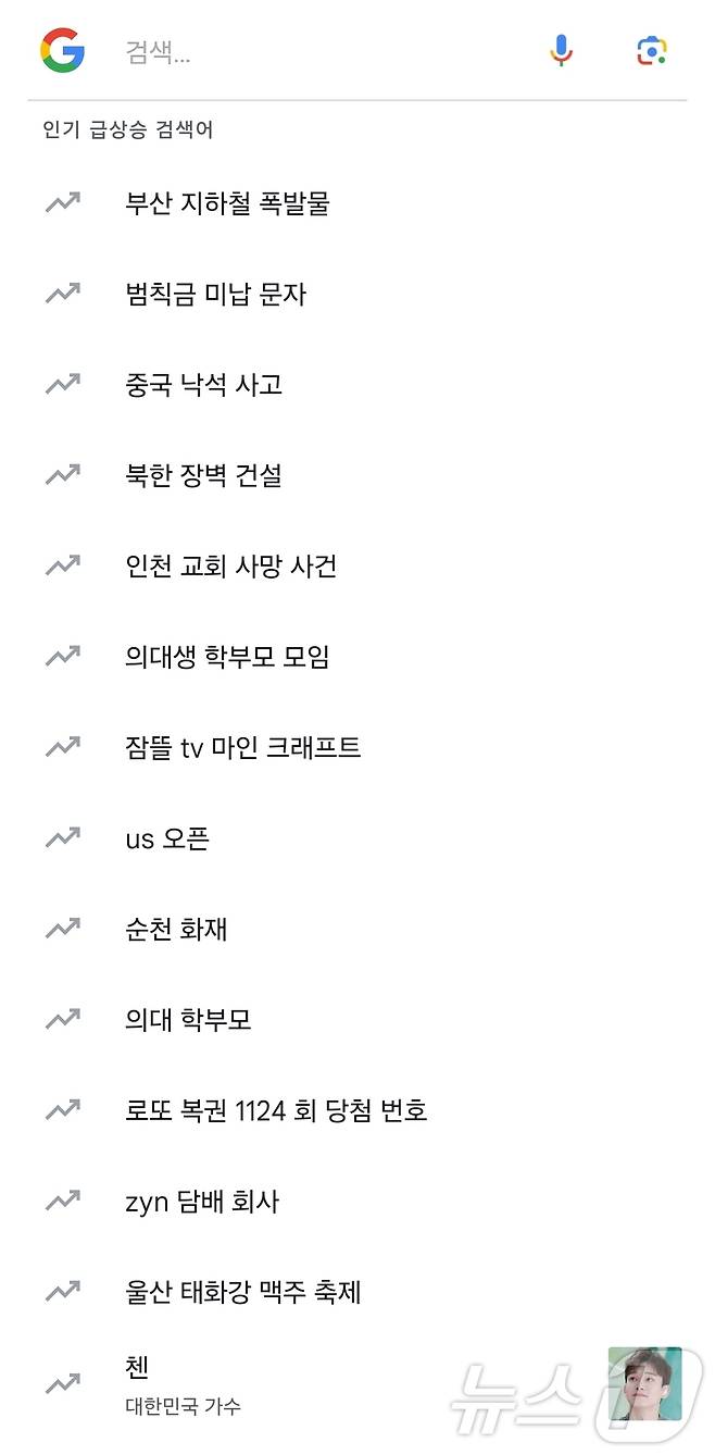 구글 애플리케이션에서 보이는 검색 화면