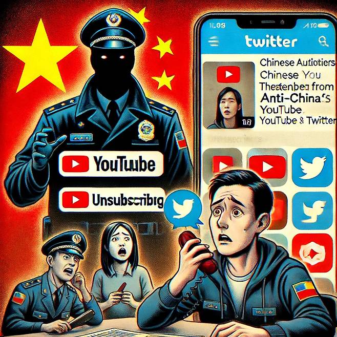 챗 GPT가 중국 정보당국이 유튜브와 트위터에서 반중 게시물을 올리는 인플루언서 구독자들을 협박하는 모습을 형상화한 그래픽.