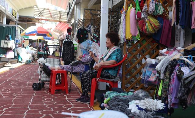 밀양 밀양아리랑시장에서 상인과 시민, 강아지가 부채로 무더위를 잊고 있다. 연합뉴스