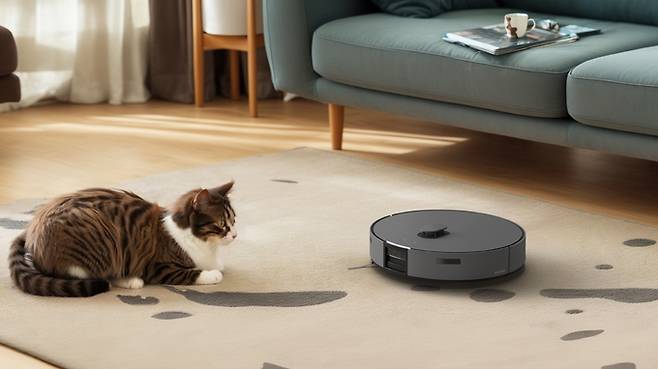 삼성전자의 로봇청소기 신제품&nbsp;‘비스포크 AI 스팀’이 반려묘를 인식하고 멈춰선 모습. 삼성전자 제공&nbsp;