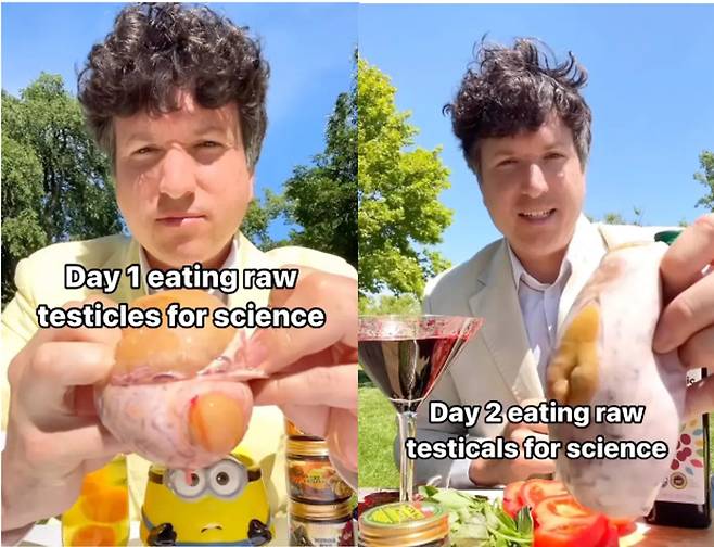 미국 플로리다에 사는 한 남성이 자신의 고환 크기를 키우고 남성호르몬 수치를 높인다며 황소 고환을 날로 먹는 영상을 올려 충격을 주고 있다. [사진=미국 일간 뉴욕포스트 보도 갈무리]