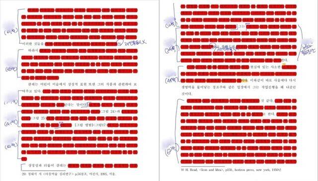 2022년 8월10일 숙명민주동문회가 자체 조사해 공개한 김건희 여사의 석사학위논문 ‘파울 클레(Paul Klee)의 회화의 특성에 관한 연구’ 본문 일부. 붉은색 처리된 부분은 모두 표절이 의심되는 문단으로, 양쪽에 표절 의심 연구자의 이름을 기재했다. 숙명민주동문회 제공