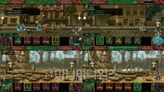 '메탈슬러그 어택 리로디드' 인게임 화면. 횡스크롤 방식의 타워 디펜스 장르에 익숙한 이들이라면 별도의 튜토리얼이 필요 없는 수준이다.