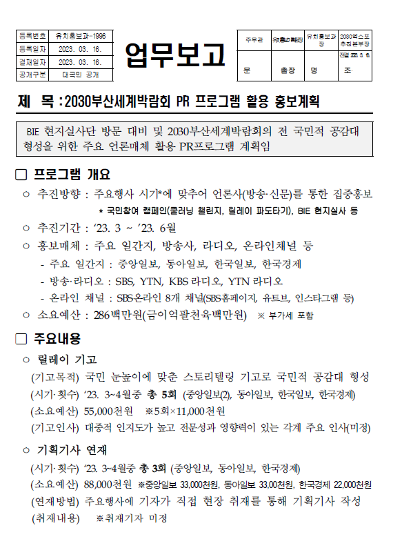 ▲지난해 3월 16일 부산시가 작성한 ‘PR프로그램 활용 홍보계획’이라는 제목의 문서.&nbsp; 릴레이기고, 기획기사 연재로 수천만 원의 예산이 소요된다고 적혀 있다.&nbsp;