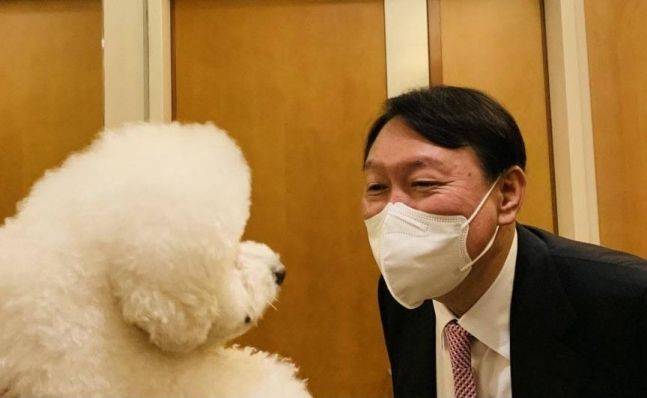 당선인 시절 반려견과 인사하는 윤석열 대통령