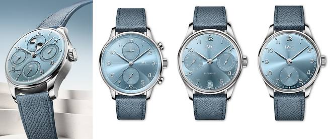 IWC는 각 다이얼 컬러마다 여러 기능이 있는 포르투기저 워치를 한 번에 출시했다. (왼쪽부터) 퍼페추얼 캘린더 44, 크로노그래프, 오토매틱 42, 오토매틱 40. [사진 IWC 샤프하우젠]