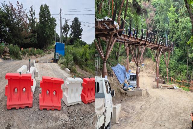 ▲'용두산 도시생태복원사업' 공사장 입구에 설치된 세륜기를 PE방호벽으로 막아 놓고(왼쪽 사진), 안전시설을 제대로 설치하지 않은 채 구조물 공사를 하고 있는 모습(오른쪽 사진).ⓒ프레시안(임성현)
